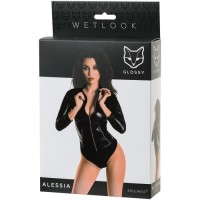 Боди Glossy Alessi из материала Wetlook на молнии черное, размер L