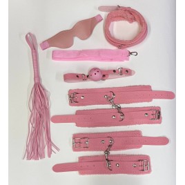 БДСМ набор "Pink" (Наручники, поножи, ошейник, поводок, маска, кляп, плеть)