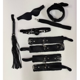 БДСМ набор "Black" (Наручники, поножи, ошейник, поводок, маска, кляп, плеть)