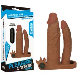 Удлиняющая вибронасадка для двойного проникновения Pleasure X Tender Vibrating Double Penis Sleeve мулат + 5 см