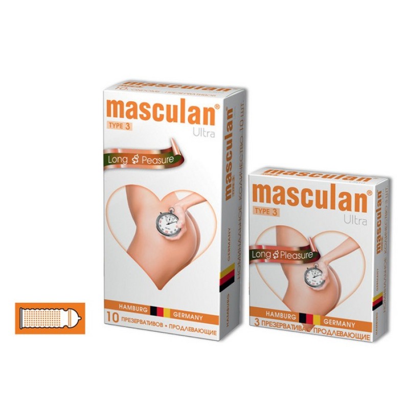 Презервативы Masculan, ultra 3, латекс, кольца, точечные, анестетик, 19 см, 5,3 см, 10 шт.