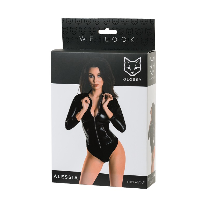 Боди Glossy Alessia из материала Wetlook на молнии, черное, XL