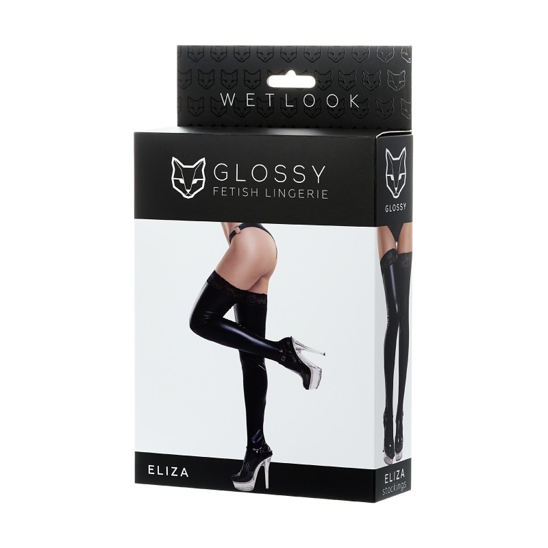 Чулки Glossy ELIZA из материала Wetlook со вставкой из кружева, черный, S
