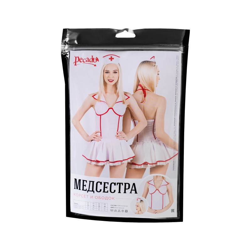 Верхняя часть костюма «Медсестра», Pecado BDSM, корсет, головной убор, бело-красный, 42