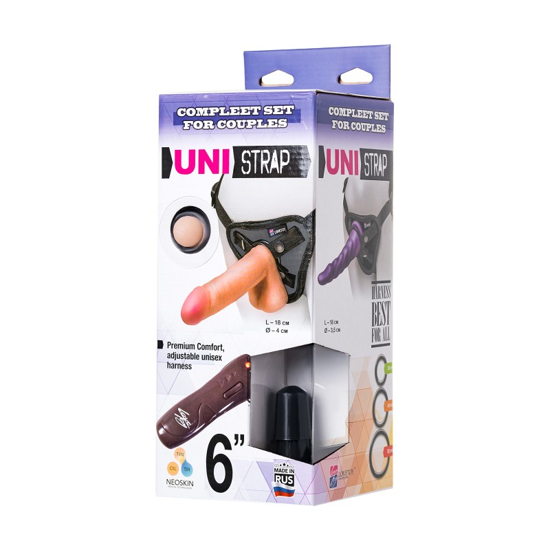 Реалистичный страпон на креплении UNI strap 6" с вибрацией, с 2 насадками, neoskin, 18 см