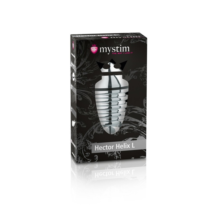Анальная пробка Mystim Hector Helix L, электростимуляция, хирургическая сталь, серебряная, 11,5 см,