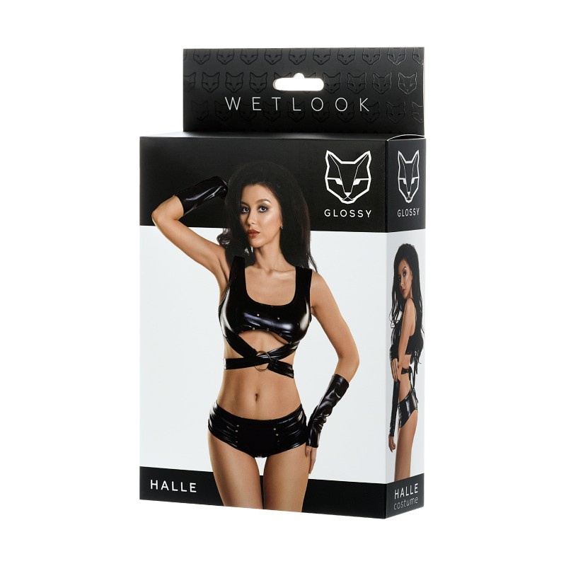 Комплект Glossy HALLE из материала Wetlook (топ, мини-шорты и перчатки), черный, М