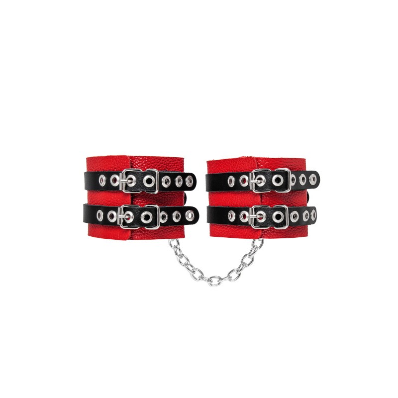 Фото PECADO B.D.S.M Оковы Pecado BDSM, мягкие, с двумя ремешками с люверсами, натуральная кожа, красно-чёрные