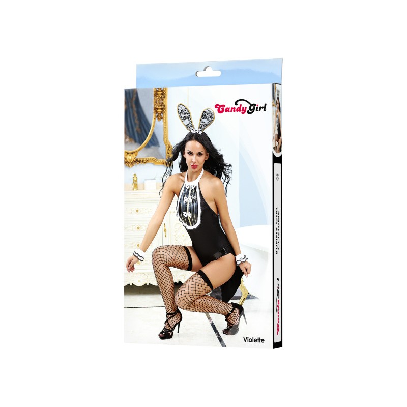 Костюм зайки Candy Girl Violette (боди, манжеты, чулки, головной убор) черный, OS