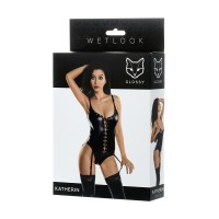 Боди Glossy KATHERIN из материала Wetlook на шнуровке, черное, S