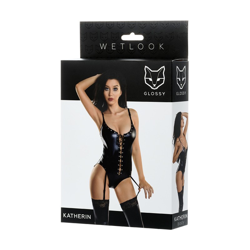 Боди Glossy KATHERIN из материала Wetlook на шнуровке, черное, S