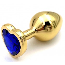 Золотая металлическая анальная пробка с синим камушком в виде сердечка M