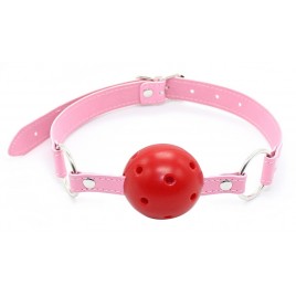 Красный силиконовый кляп-шар на розовом ремешке