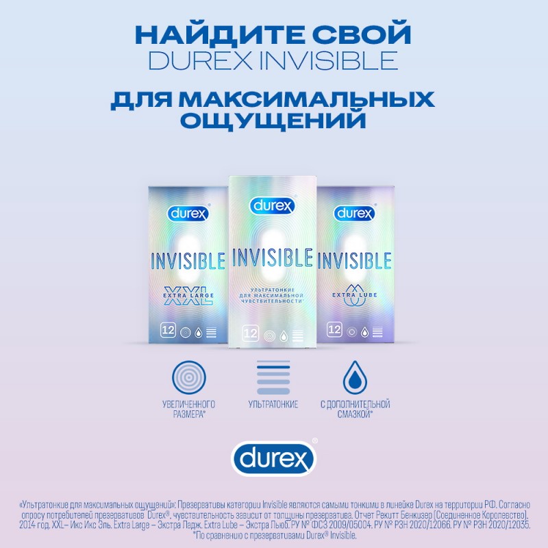 Презервативы из натурального латекса Durex №12 Invisible Extra Lube