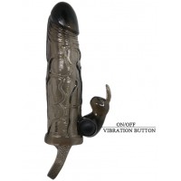 Увеличивающая насадка на пенис с клиторальным стимулятором и петлей под мошонку черного цвета Brave Man + 3,5 см