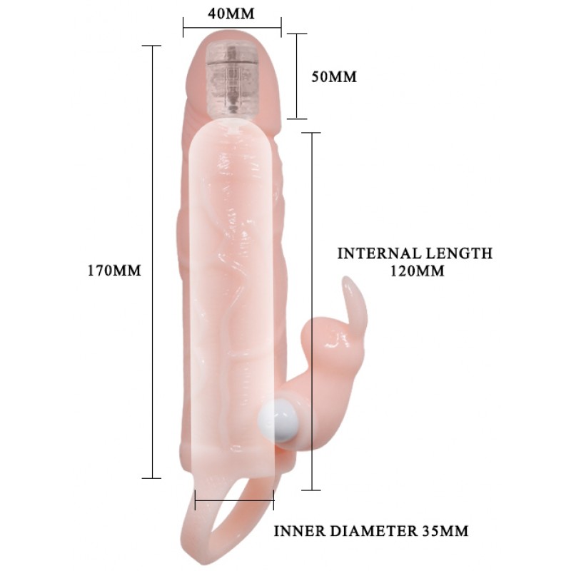 Увеличивающая насадка на пенис с двойной вибрацией и петлей под мошонку телесного цвета Brave Man + 5 см