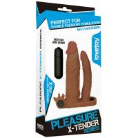 Удлиняющая вибронасадка для двойного проникновения Pleasure X Tender Vibrating Double Penis Sleeve мулат + 5 см