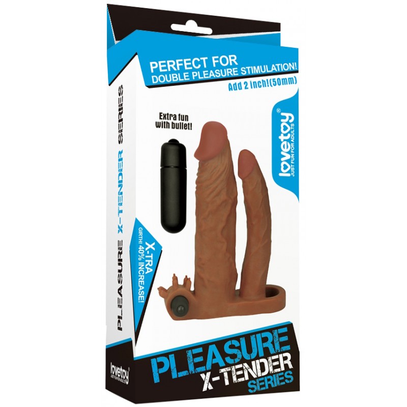 Удлиняющая вибронасадка для двойного проникновения Pleasure X Tender Vibrating Double Penis Sleeve мулат + 5 см