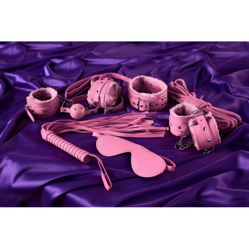 Набор для ролевых игр в стиле БДСМ Eromantica, розовый: маска, наручники, оковы, ошейник, флоггер, к