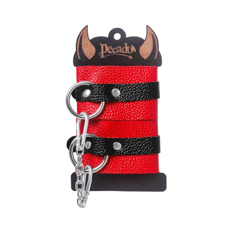 Наручники Pecado BDSM, мягкие с одним ремешком с люверсами, натуральная кожа, красно-чёрные