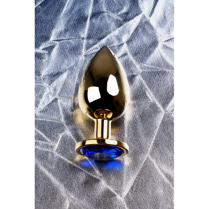 Анальная втулка Metal by TOYFA, металл, золотистая, с кристаллом цвета сапфир, 9,5 см, Ø 4 см, 145 г