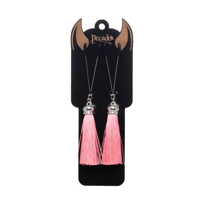 Зажимы на соски Pecado BDSM, «Вилки», с кисточками из шелка, металл, розовые