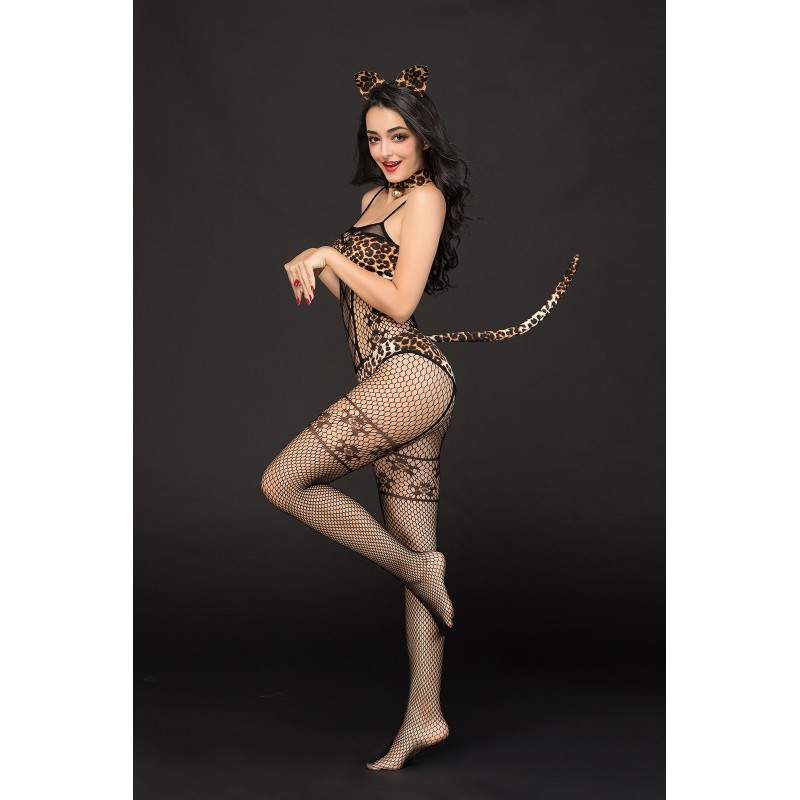 Костюм кошки Candy Girl Kandi (костюм-сетка,топ,трусы с хвостом,чокер,головной убор), черный,OS