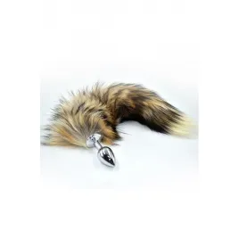 Серебристая анальная пробка с хвостом из натурального меха рыжего цвета (Small)