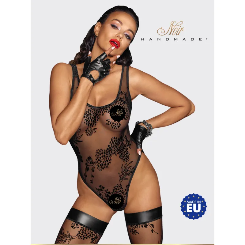 Изображение Noir Handmade, Польша Noir Handmade - Боди из кружева с узорчатой вышивкой из флока, M (черный)