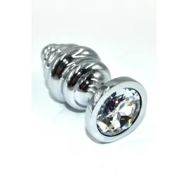 Серебряная ребристая анальная пробка с прозрачным кристаллом (Medium)