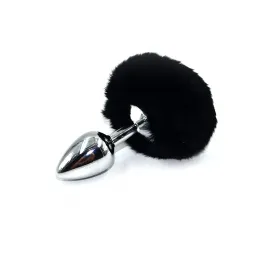 Серебристая анальная пробка с черным заячьим хвостиком (Small)