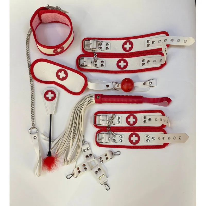 Фото Адам и Ева БДСМ набор медсестры (наручники, поножи, ошейник, кляп, поводок, плеть, крестовина, маска, стек-тиклер)