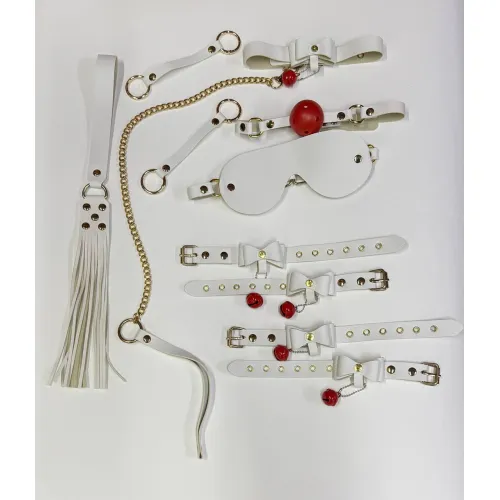 Фото Адам и Ева БДСМ набор Колокольчик белого цвета (наручники, кляп, паножи, ошейник, поводок, флогер, маска, два карабина)