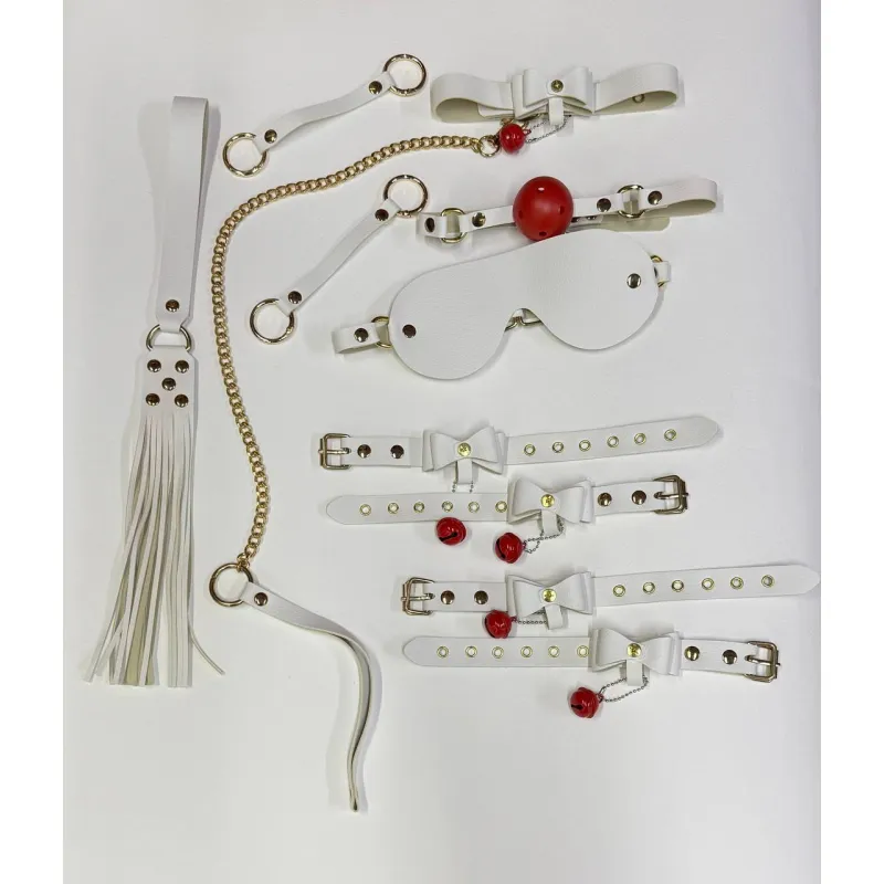 Фото Адам и Ева БДСМ набор Колокольчик белого цвета (наручники, кляп, паножи, ошейник, поводок, флогер, маска, два карабина)