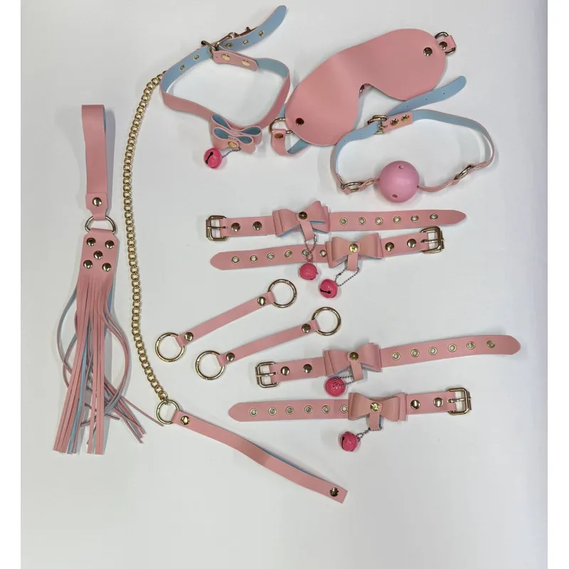 Фото Адам и Ева БДСМ набор Колокольчик розово-голубого цвета (наручники, кляп, паножи, ошейник, поводок, флогер, маска, два карабина)