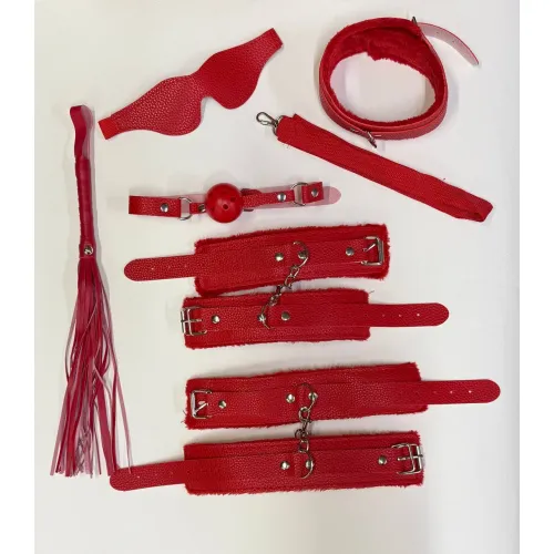 Изображение Адам и Ева БДСМ набор Red (Наручники, поножи, ошейник, поводок, маска, кляп, плеть)