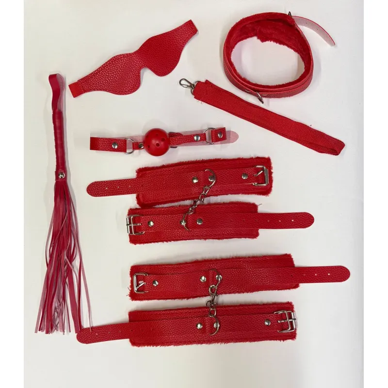 Изображение Адам и Ева БДСМ набор Red (Наручники, поножи, ошейник, поводок, маска, кляп, плеть)