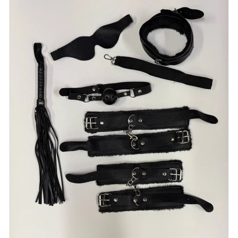 Фото Адам и Ева БДСМ набор Black (Наручники, поножи, ошейник, поводок, маска, кляп, плеть)