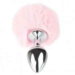 Серебристая анальная пробка с розовым заячьим хвостиком (Small)