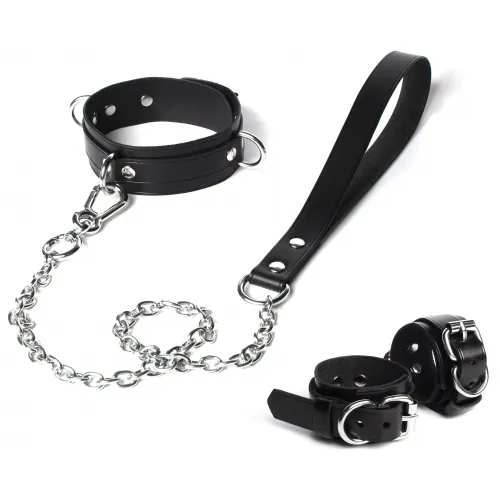 Изображение  Набор ошейник с поводком и наручники из черной матовой кожи