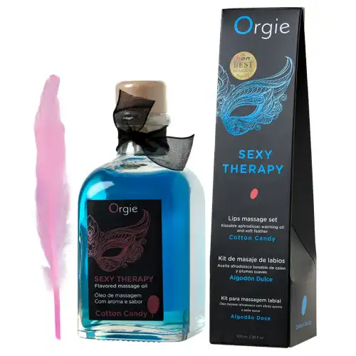 Фото Orgie, Португалия Комплект для сладких игр Orgie Lips Massage со вкусом сахарной ваты(сладкое массажное масло и перо), 100 мл