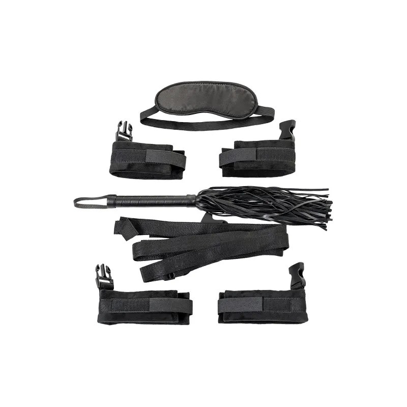 Изображение Theatre by TOYFA Набор бондажный TOYFA Theatre: ремни(4шт) + плетка + наручники + оковы + маска, текстиль, чёрный