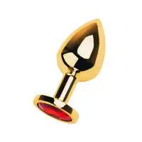 Фото Metal by TOYFA Анальная втулка Metal by TOYFA, металл, золотая, с красным кристаллом, 8 см, Ø 3,4 см, 85 г