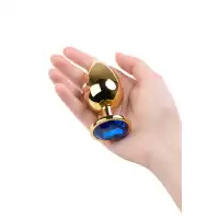 Изображение Metal by TOYFA Анальная втулка Metal by TOYFA, металл, золотая, с синим кристаллом, 9,5 см, Ø 4 см, 145 г