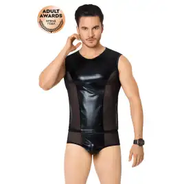 Костюм сетка + wetlook мужской SoftLine Collection (майка, шорты), черный, M/L