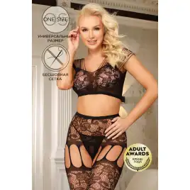 Костюм-сетка Candy Girl Lotus (топ, чулки с поясом, стринги), нейлон, черный, OS