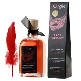 Комплект для сладких игр со съедобным массажным маслом и пером Orgie Lips Massage вкус клубники 100 мл