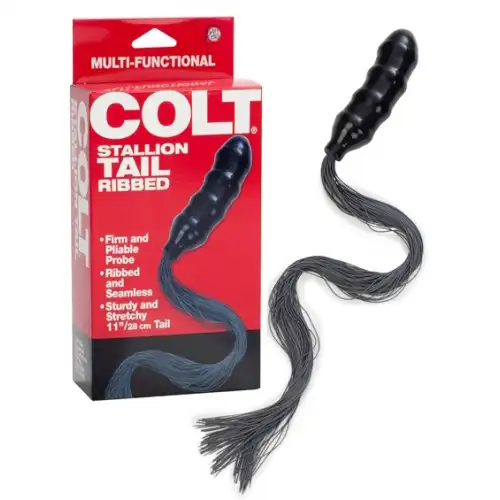 Фото California Exotic Novelties, США Черный силиконовый фаллос Colt с резиновым хвостом-плетью