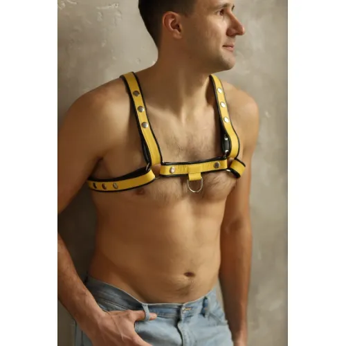 Изображение БДСМ Арсенал, Россия Мужская двусторонняя БДСМ сбруя Black-Yellow с кольцом и заклепками