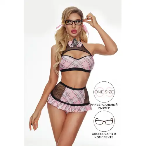 Фото Candy Girl, Гонконг Костюм школьницы Candy Girl Annika (топ, трусики, значок, очки, аксессуары), трикотаж, розовый, OS